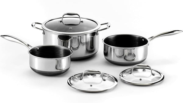 Hexclad 6Pc Hybrid Nonstick Pot Set with Lids, 2, 3 & 8 Qt Pots | Stay-Cool Handles, Dishwasher and Oven Safe up to 900°F, Compatible with All Cooktops1
