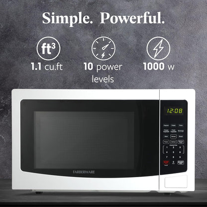 1.1 Cu. Ft. Countertop Microwave Oven – 1000 Watts Power, Auto Cook Settings, Defrost, Easy Clean and Child Safety Lock - White2