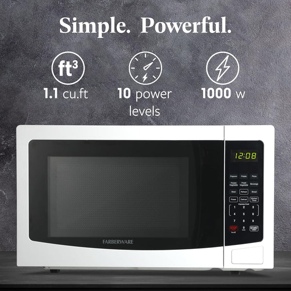 1.1 Cu. Ft. Countertop Microwave Oven – 1000 Watts Power, Auto Cook Settings, Defrost, Easy Clean and Child Safety Lock - White2