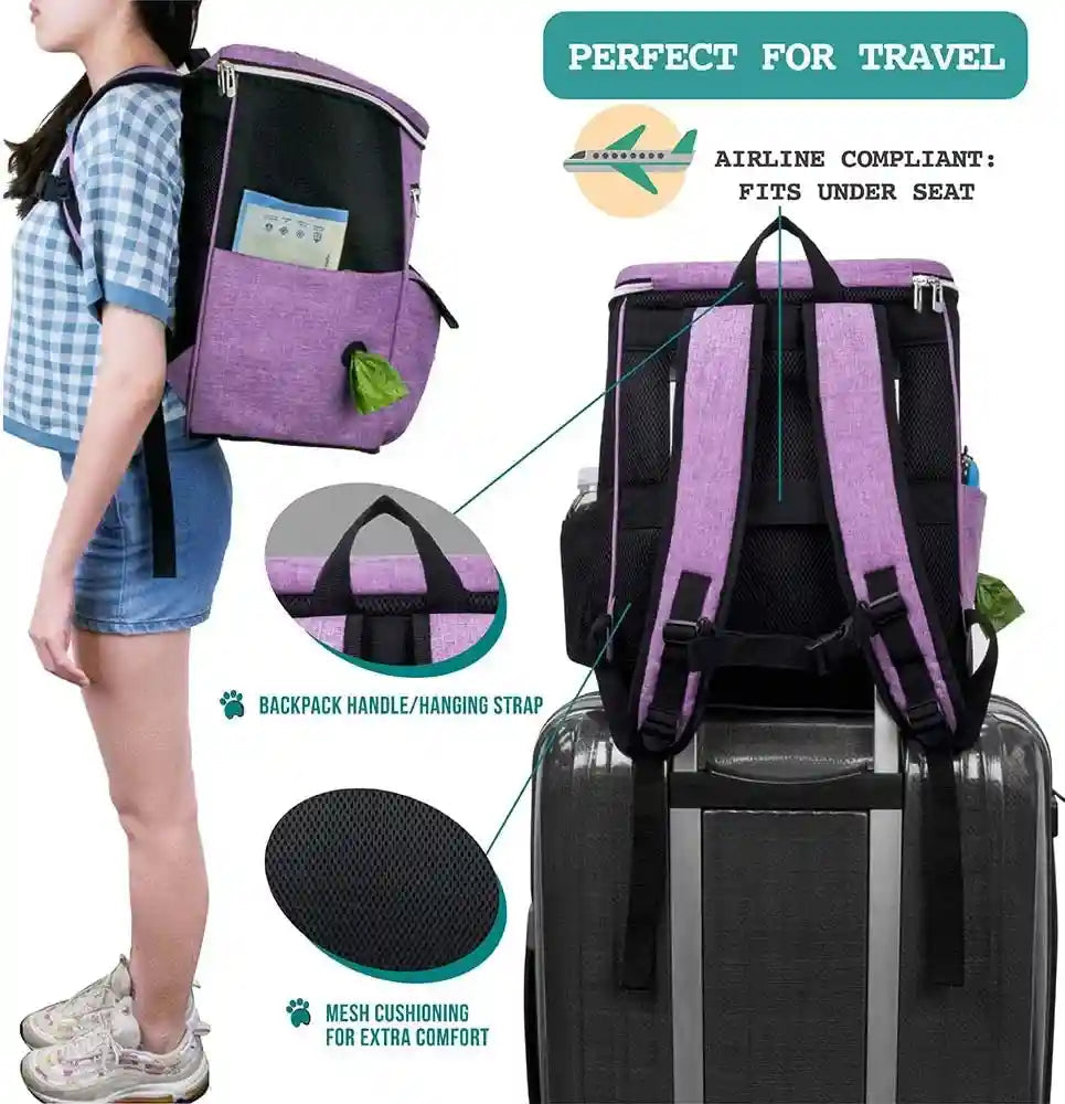 petami-dog-travel-bag-backpack-27l-airline-approved-pet-supplies-organizer-with-2-food-containers-2-collapsible-bowls-poop-bag-dispenser-weekend-road-trip-camping-dog-mom-gift-purple