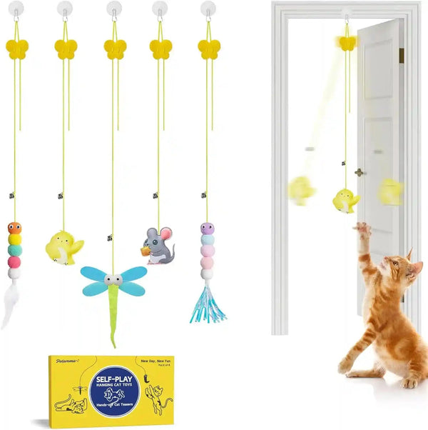 Potaroma Interactive Cat Feather Toys 5 Pcs, Cat Teaser Retractable Hanging Indoor Kitten Play Chase Exercise, Mental Physical Stimulation for All Breeds and Species | Retractable Hanging Cat Toys, Indoor Kitten Play Chase Exercise, Mental Physical Stimulation for All Breeds1
