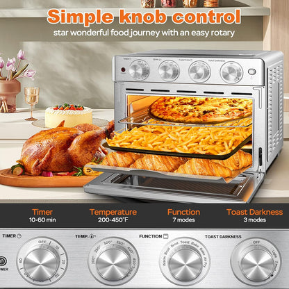 Air Fryer Toaster Oven 26 QT, Large Airfryer Convection Countertop Oven Combo with Easy Bake, Roast, Broil, Warm, 6 Slice Toast 7-In-1 Functions, 3 Layers with 4 Accessories,Stainless Steel2