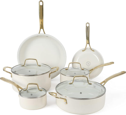 Lockton Premium Non Stick Non Toxic PFA Free Ceramic Interior 10 Piece Heavy Gauge Enamel Aluminum Pots and Pans Cookware Set - Linen White W/Gold Handle1