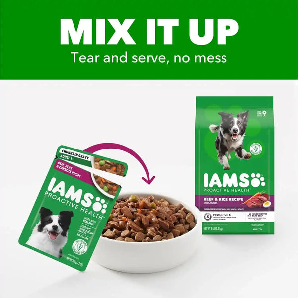 IAMS Proactive Health Wet Dog Food Pouches, Variety Pack, 3.5 Oz, 18 Count | Chicken, Beef & Lamb, Real Meat & Poultry, Omega 6 & 3 Ratio, No Artificial Preservatives or Fillers, Use as Topper or Meal5