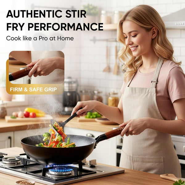 12.6 Inch Carbon Steel Wok Pan with Glass Cover, Pre-Seasoned Flat Bottom Wok for Chinese Cooking, Woks & Stir-Fry Pans Cookware, Compatible with Induction, Electric, Gas & Halogen8
