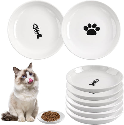6 Pack Cat Food Bowl, Ceramic Cat Bowls, anti Whisker Fatigue Cats Bowl Set | 5.5 Inches Shallow Wide Kitten Plates for Food and Water (White-A)1