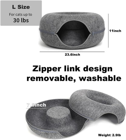 Large Cat Tunnel Bed for Indoor Cats with 3 Toys, Scratch Resistant Donut Cat Bed, up to 30 Lbs (L 24X24X11, Dark Grey)2