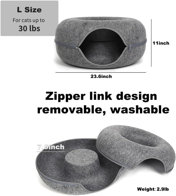 Large Cat Tunnel Bed for Indoor Cats with 3 Toys, Scratch Resistant Donut Cat Bed, up to 30 Lbs (L 24X24X11, Dark Grey)2