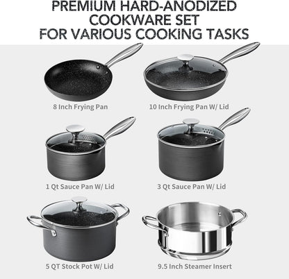 Hard Anodized Cookware Set - 10 Pcs Non Stick Pots and Pans Set with Granite Interior, Induction Cookware Set with Steamer Insert8