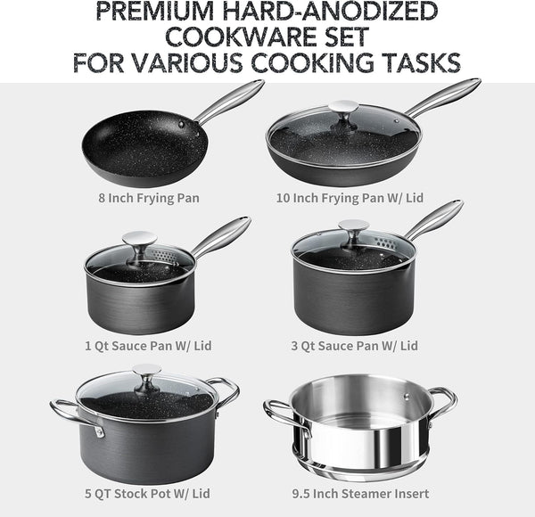 Hard Anodized Cookware Set - 10 Pcs Non Stick Pots and Pans Set with Granite Interior, Induction Cookware Set with Steamer Insert8