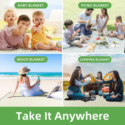Extra Large Picnic Outdoor Blanket, 80''X80'' Waterproof Foldable Blankets Gingham Picnic Mat for Beach, Camping Grass Lawn Park Accessories Cute Couple Gifts Ideas Wedding Registry(Green White)7