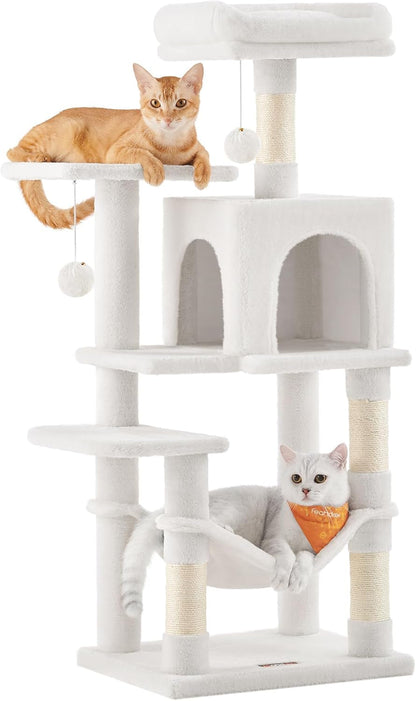 Feandrea Cat Tree, 59.5-Inch Tall Cat Tower, Plush Multi-Level Condo with 5 Scratching Posts, 2 Perches, 2 Caves, Hammock, 2 Pompoms, Light Gray UPCT192W0117