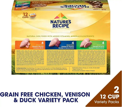 Nature’S Recipe Grain Free Chicken Recipe, Chicken & Venison Recipe and Chicken & Duck Recipe in Savory Broth Variety Pack Wet Dog Food, 12-2.75 Oz. Cups, 2 Count2