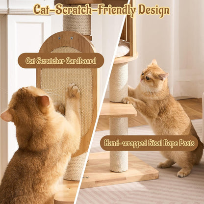 50" Modern Cat Tree for Indoor Cats Small to Medium, Solid Wood Cat Tower with Sisal Scratching Posts, Cat Scratcher Cardboard, Cozy Cat Beds & Hidden Cat Condo, Multi-Level Cat Furniture5