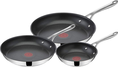 X Jamie Oliver Nonstick Coated Stainless Steel Pans 8", 9.5" & 11", Frypan Set Induction Compatible, Oven Safe up to 500°F, Chef'S Stainless Steel Skillet, Frying Pan, Silver | 3 Frying Pans 7.9/9.4/11 Inch, Titanium Non-Stick Coating, Suitable for Induction, Thermo-Signal, Riveted Handle1