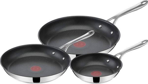 X Jamie Oliver Nonstick Coated Stainless Steel Pans 8", 9.5" & 11", Frypan Set Induction Compatible, Oven Safe up to 500°F, Chef'S Stainless Steel Skillet, Frying Pan, Silver | 3 Frying Pans 7.9/9.4/11 Inch, Titanium Non-Stick Coating, Suitable for Induction, Thermo-Signal, Riveted Handle1