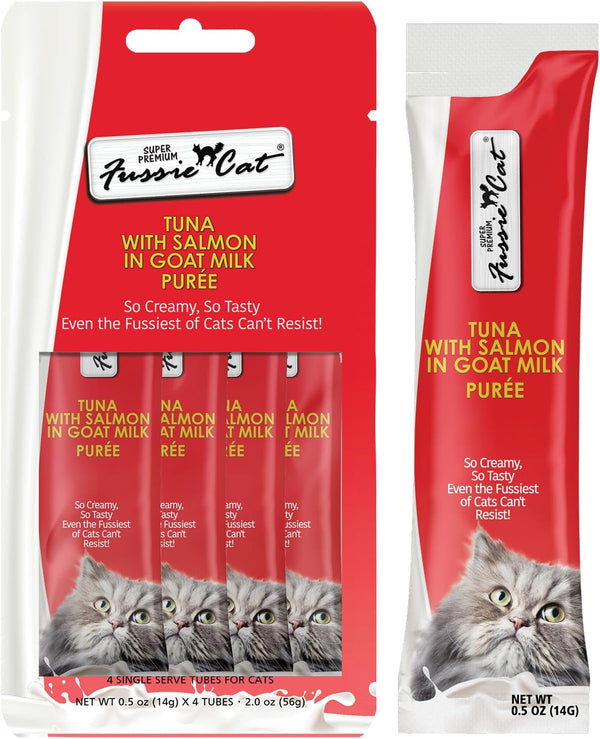 Fussie Cat Premium Tuna with Salmon in Goat Milk Puree, Lickable Cat Treats, 0.5Oz Pouch Pack of 41