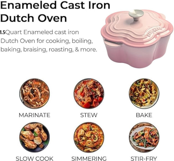 Enameled Cast Iron Dutch Oven Floral-Shaped Pot with Lid, Dual Handles, Works on All Stovetops, Oven Safe to 500°F, 2.5 Quart, Pink9