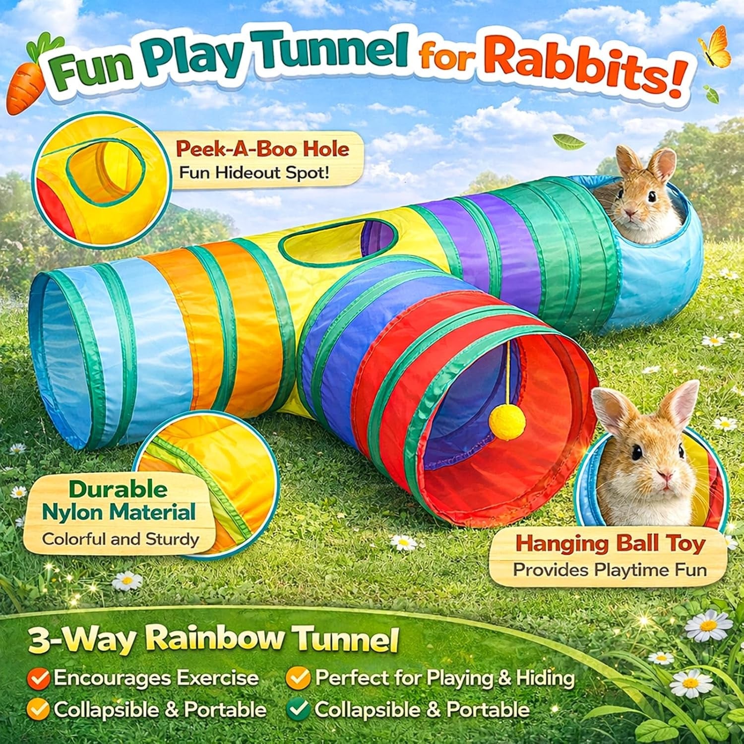 mechpia-rabbit-toys-3-way-buuny-hideout-foldable-rabbit-tunnel-and-tubes-for-rabbit-guinea-pig-chinchilla-ferret-rat