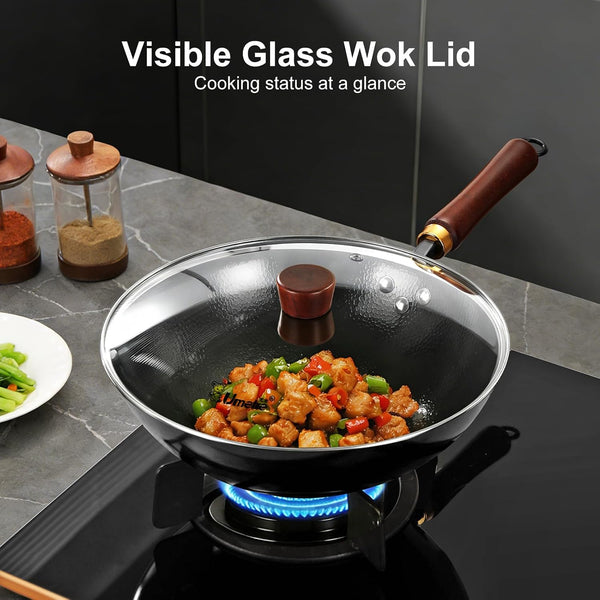 Carbon Steel Wok Pan, 12.6-Inch Nonstick Pre-Seasoned Woks & Stir-Fry Pans with Glass Lid, No Chemical Coated Wok round Bottom Hand Hammered Chinese Wok for Gas Stoves6