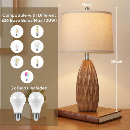 25'' Modern Table Lamp, Wood Grain Resin Table Lamp,Nightstand Lamp | Diamond-Shaped Resin Body, Rotary Switch,2 Bulbs Included, Bedside Lamps for Living Room, Bedroom, Office, Reading Light Home3
