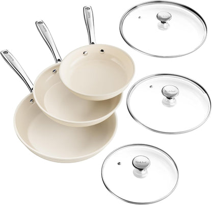 Nonstick Cookware Sets, Frying Pan Set with Tempered Glass Lids, Ceramic Cookware Set, Stay-Cool Handles, Dishwasher & Oven Safe, Compatible with All Cooktops, Beige (8+9.5+11 Inch)1
