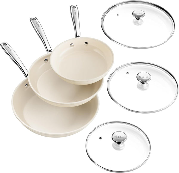 Nonstick Cookware Sets, Frying Pan Set with Tempered Glass Lids, Ceramic Cookware Set, Stay-Cool Handles, Dishwasher & Oven Safe, Compatible with All Cooktops, Beige (8+9.5+11 Inch)1