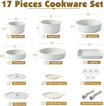 17 Piece Nonstick Detachable Handle Pots and Pans Set White | Removable Handle Cookware Set, Induction Cookware Set with Removable Handle, Healthy Non Stick for RV, Dishwasher ＆ Oven Safe2