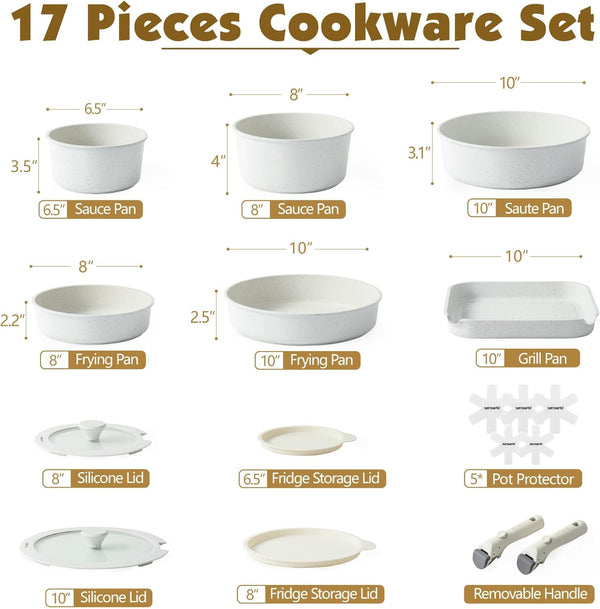 17 Piece Nonstick Detachable Handle Pots and Pans Set White | Removable Handle Cookware Set, Induction Cookware Set with Removable Handle, Healthy Non Stick for RV, Dishwasher ＆ Oven Safe2