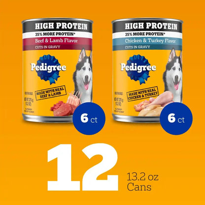 Pedigree High Protein Cuts in Gravy Pack Wet Dog Food, 13.2 Oz, 12 Count | Beef, Lamb, Chicken & Turkey, Slow Cooked Real Meat, 40G+ Protein per Can, Serve as Topper or Complete Meal, Canned Dog Food2