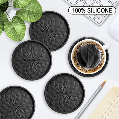 Silicone Coasters with Holder,[6 Pack] Drinking Coasters - Cup Mat for Hot or Cold Drinks, Thickened, Non-Slip, Non-Stick,Deep Tray Black2
