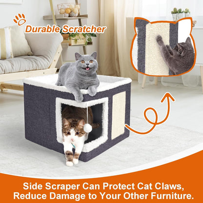 Loyareal Cat Houses for Indoor Cats - Large Cat Bed Cave with Scratch Pad and Fluffy Ball, Foldable Cat Condo Hideaway with Reversible Cushion for Multi Small Pet, Dark Grey2