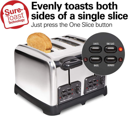 Retro 4 Slice Toaster with Sure-Toast Technology, Wide Slots | Browning Control with 9 Shades | Auto Shutoff | Bagel, Defrost, Cancel | Toast Boost | Polished Stainless Steel | 24782G2
