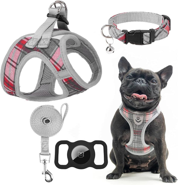 EXPAWLORER Plaid Small Dog Harness and Leash Set with Airtag Holder - No Pull Soft Padded Step in Dog Vest Harness Medium Sized Dog, Reflective Puppy Harness, Collar and Leash for Walking, Khaki S32
