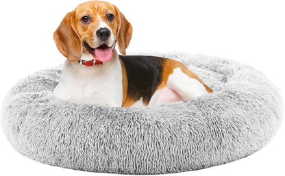 DUMOS 30.7 Inch Donut Dog Bed, Faux Fur Plush, Grey | Machine Washable Cuddler Warming Cozy Fluffy Faux Fur Plush round Pet Bed, Anti-Slip Bed for Indoor Dogs and Cats13