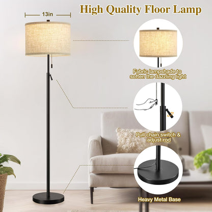 Black Floor Lamp, Height Adjustable Standing Lamp Tall Lamp with Fabric Lampshade&Pull Chain Corner Floor Lamps for Living Room, Bedroom & Office Bulbs Not Included(Black Base)3