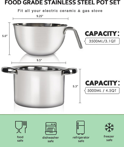 3.1QT Double Boiler Chocolate Melting Pot with 4.5QT Stainless Steel Pot | 304 Food-Grade Steel, Rust-Proof. Melt Chocolate, Butter, Candy, Wax, Soap. Stovetop Safe, Dishwasher Safe3