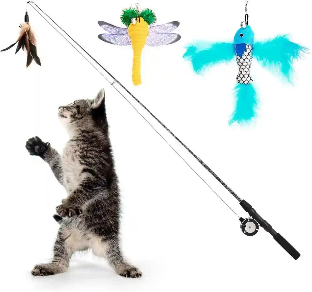 pawaboo-cat-feather-toys-4-pack-interactive-cat-feather-teaser-wand-toys-retractable-fishing-pole-wand-catcher-exerciser-with-refill-fish-dragonfly-worm-with-bells-fun-cat-kitten-kitty-playing-toy
