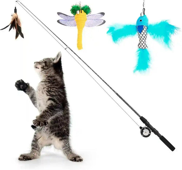 Pawaboo Cat Feather Toys, 4 Pack Interactive Cat Feather Teaser Wand Toys, Retractable Fishing Pole Wand Catcher Exerciser with Refill Fish, Dragonfly Worm with Bells, Fun Cat Kitten Kitty Playing Toy1