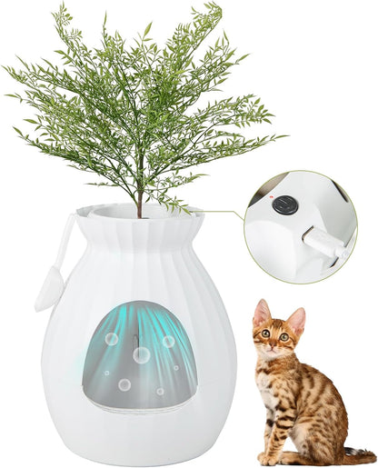 Giantex Cat Litter Box Plant - Hidden Litter Box Furniture with Electronic Odor Removal System, Detachable Door Curtain, Scoop, Cat Litter Box Enclosure Planter Home Decor, Easy to Clean (White)1