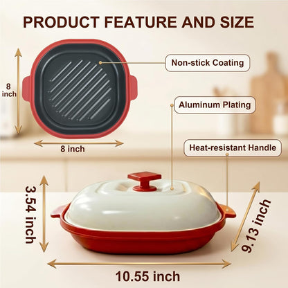 Microwave Grill Pan with Lid for Meat, Browning and Crisping, Red | Nonstick Grill Plate with Even Heating for Fast Cooking and Crispy Results, Ideal for Bacon, Pizza, Sandwiches and More8
