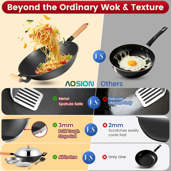 13'' Nonstick Wok, Cast Iron Wok with Lid, Wok Pan & Stir-Fry Pans | Chinese Woks Pan with Lid7
