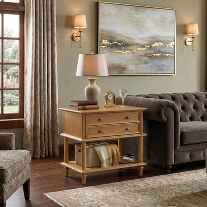 Farmhouse Nightstand with Drawer & Open Shelf, Natural Wood End Table with Solid Wood Legs, 28.4'' Wide Sofa Side Table with Charging Station(Oak)9