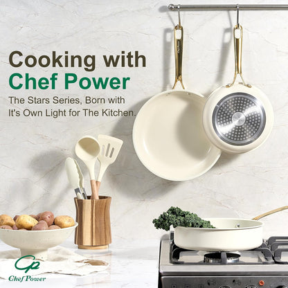 Ceramic Frying Pan with Stainless Steel Handle 5Pcs Set, Non Stick Grill Pan Set, Dishwasher and Oven Safe, Cream White and Light Gold Handle7