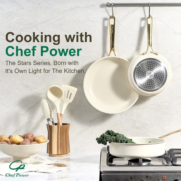 Ceramic Frying Pan with Stainless Steel Handle 5Pcs Set, Non Stick Grill Pan Set, Dishwasher and Oven Safe, Cream White and Light Gold Handle7