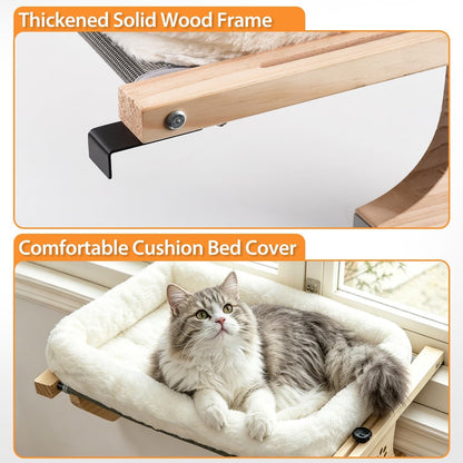 AMOSIJOY Cat Sill Window Perch Sturdy Hammock Window Seat with Cushion Bed Cover, Wood & Metal Frame for Large Cats, Easy to Adjust Cat Bed for Windowsill, Bedside, Drawer and Cabinet(Cushion Bed)6