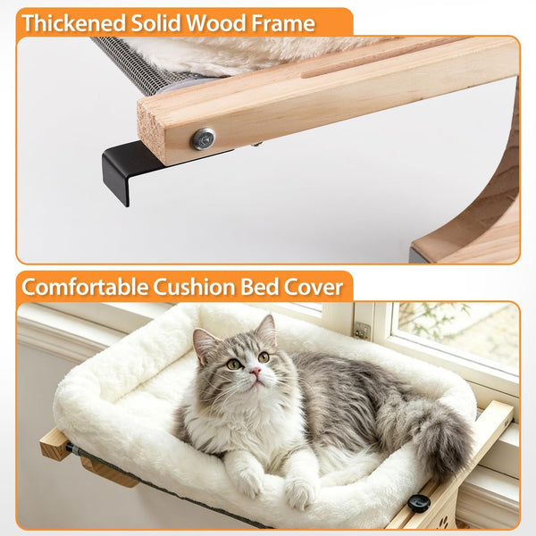 AMOSIJOY Cat Sill Window Perch Sturdy Hammock Window Seat with Cushion Bed Cover, Wood & Metal Frame for Large Cats, Easy to Adjust Cat Bed for Windowsill, Bedside, Drawer and Cabinet(Cushion Bed)6