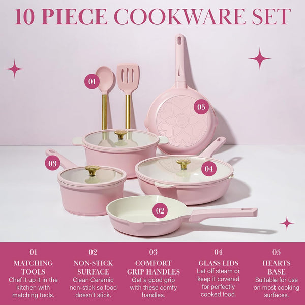 Ceramic Nonstick Pots and Pans, Cookware Set, Cast Aluminum with Dual Layer Non Stick Coating, Made without PFAS PFOA PFOS and PTFE, Dishwasher Safe, 10-Piece, Pink2
