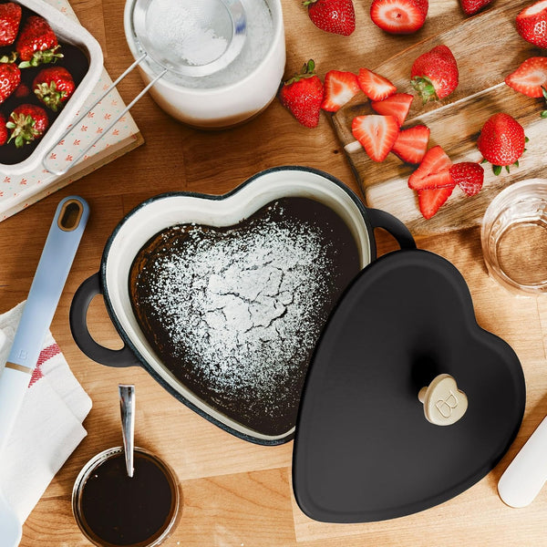 2QT Cast Iron Dutch Oven, Enameled Heart Shaped Casserole Dish with Lid, Oven Safe 500°F, Small Dutch Oven for Baking, Braising, Soups & Desserts (Black Sesame)5