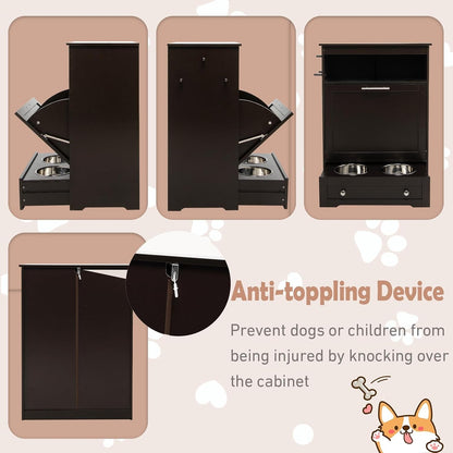 Dog Food Cabinet Feeding Station with 2 Raised Bowls, Pull Out Elevated Dog Bowl, Storage, 3 Hangers, Pet Feeder Toy Leashes Organizer, Brown5